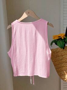 Comfortcana Áo khoác cardigan không tay, màu trơn, thắt nơ phía trước, dành cho nữ cỡ lớn, màu hồng nhạt. - Màu Hồng baby - Xem 2