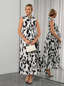 SHEIN Đầm bầu không tay in hình cây cỏ - Đen và trắng - Xem 4