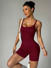 Women's Seamless Sports Jumpsuit - Burgundy - View 2