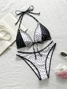 SHEIN Swim Mod Bộ đồ bơi nữ chấm bi buộc dây sau cổ, đen trắng, thích hợp cho kỳ nghỉ hè ở bãi biển. - Nhiều màu - Xem 3