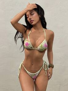 Bonvoyette Bộ bikini 2 mảnh gồm áo ngực tam giác buộc dây bên hông và dây buộc cổ, họa tiết hoa đính sequin, thích hợp cho kỳ nghỉ hè. - Nhiều màu - Xem 5
