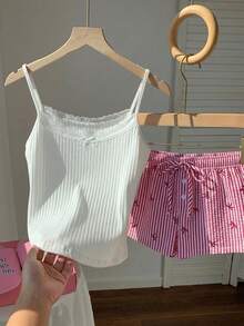 Conjunto informal de 2 piezas de mujer con camiseta de tirantes a rayas y shorts, para verano - Rojo - Ver 5