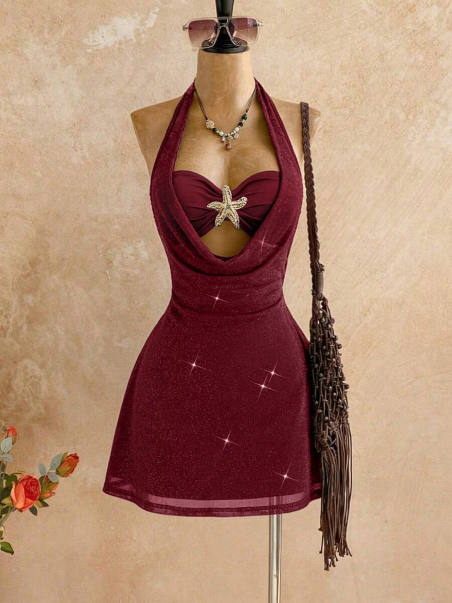 SHEIN Unity 女士复古时尚修身舒适优雅高端连衣裙,适合春季穿搭 - 紅色 - 查看 1