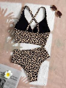 Swim Basics 女式夏季海滩度假豹纹V领比基尼两件套泳衣 - 彩色 - 查看 5