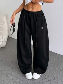 SHEIN PETITE 女士秋冬街头风返校学院风休闲保暖舒适法式灰弹力腰带弧形裤脚阔腿运动裤舒适裤灰色运动裤 - 黑色 - 查看 7