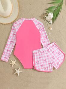 SHEIN Tween Girls Tankini Swimwear, Bowknot Zipper Design Two Pieces Set, Sleeveless Crop Top & Shorts, Suitable For Swimming, Beach, Pool, Summer Vacation, Party - Pink - View 3