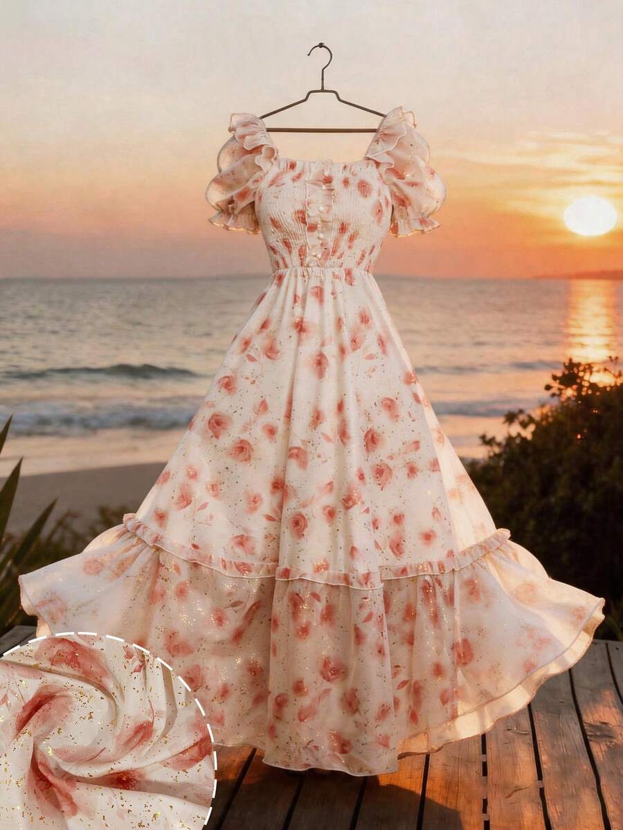 Modelyn Digital Print Square Neck Short Sleeve Dress For Women Spring Dresses For Women Fleurora Spring And Summer Elegant Dress Tea Party Dress For Women Beautiful Dresses For Woman Maxi Dress For Women Picnic Dresses For Ladies Summer Dress For Women Chiffon Peasant Dress Floral Print Dress For Women