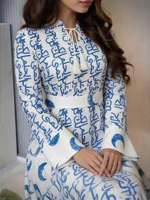 Al Najma Women's Elegant All-Over Print Twist Collar Waist Cinched Arabic Style Dress, Autumn - Multicolor - View 2