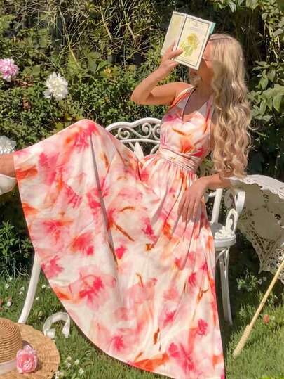 Celisse Đầm chiffon cổ yếm màu hồng in hoa dành cho nữ, lãng mạn cho kỳ nghỉ xuân/hè.