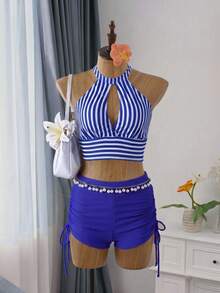 Swim Basics Striped Bikini Swimsuit With Side Drawstring Opening - Blue and White - View 5