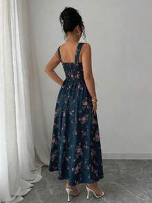 Elenzga Gaun Panjang Wanita Motif Bunga Terbaru Musim Semi/Panas yang Elegan dengan Lipatan di Pinggang - Navy Blue - View 2