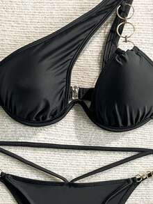 SHEIN Swim SXY Summer Beach Women's Solid Color Hollow Out Chain Decor Bikini Set - Black - View 6