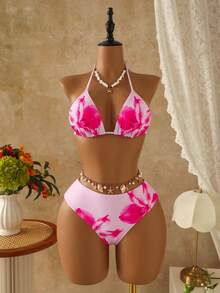 Swim Mod Bộ bikini 3 mảnh gợi cảm họa tiết da báo, cổ yếm, cúp ngực tam giác, chất liệu lưới, buộc dây bên hông, dành cho nữ. - Hồng - Xem 5