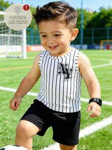 Vintaside Kids Baby Boy Street Style Striped Letter Print Tank Top And Shorts Set, Spring/Summer - Black and White - View 9