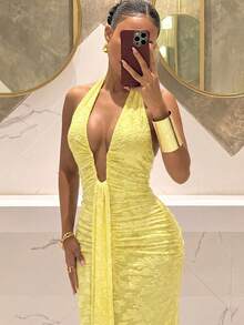 Slaydiva Đầm đuôi cá cổ chữ V sâu, thanh lịch, mẫu mới năm 2025, thích hợp cho tiệc tùng, sinh nhật, quán bar, hộp đêm, ngày Valentine, Halloween, Giáng sinh - Màu nâu - Màu vàng - Xem 6