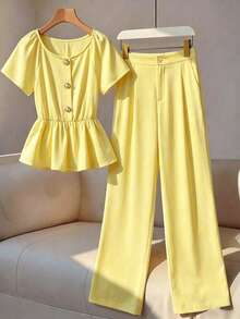 GlowEve Women's Solid Color Round Neck Pleated Top And Pants Casual 2 Pieces Set - Yellow - View 3