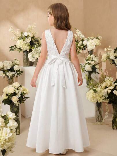 SHEIN Pitira Đầm dự tiệc cho bé gái tuổi teen, đầm chữ A màu trắng bằng vải satin dệt và ren phối hợp, kèm nơ, đầm dạ hội thanh lịch cho đám cưới, tiệc sinh nhật, cuộc thi sắc đẹp.