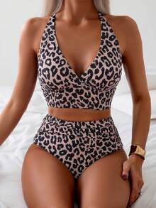2pcs/Set Women's Summer Leopard Print V-Neck Beach Vacation Bikini Set, Camisole And Swimwear - Multicolor - View 4