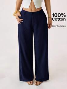 SHEIN PETITE 100% Washed Cotton Low Waist Straight Pants - Navy Blue - View 4