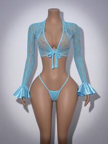 AltCore 2pcs Hollow Out Ruffled Water Sleeve Reflective Satin Rhinestone Shiny Criss-Cross Tie Waist Slim Y2K Sexy Club Outfit Lingerie Set For Women - Mint Blue - View 6