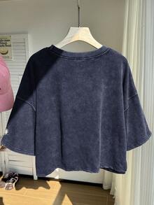 Comfortcana Maglietta in 100% cotone a maniche corte, taglia comoda, con motivo a fiocchi di neve lavati, maglia corta ricamata primaverile, blu navy - Blu Navy - Visualizzare 2