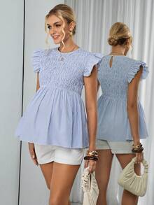 SHEIN Áo bầu tay ngắn cổ tròn kẻ sọc - Màu xanh lam - Xem 1