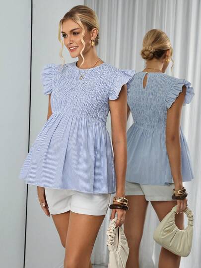 SHEIN Áo bầu tay ngắn cổ tròn kẻ sọc