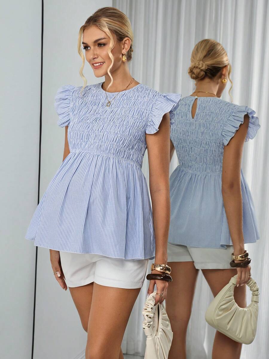 SHEIN Áo bầu tay ngắn cổ tròn kẻ sọc - Màu xanh lam - Xem 1