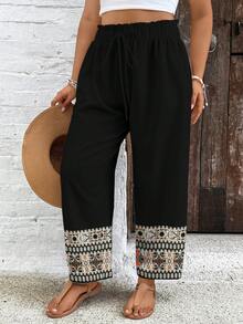 SHEIN VCAY Plus Size Women Patchwork Color Casual Versatile Daily Wear Pants Boho Pants For Women Summer Clothes Boho Style Vacation - Black - View 7