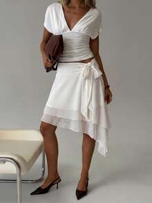 Avenya Falda asimétrica de doble capa de gasa con nudo, estilo minimalista, adecuada para graduación, fiesta de graduación, fiesta, Día de San Valentín, cita, discoteca, estilo bohemio, estilo retro, atuendo de playa de vacaciones - Blanco - Ver 1