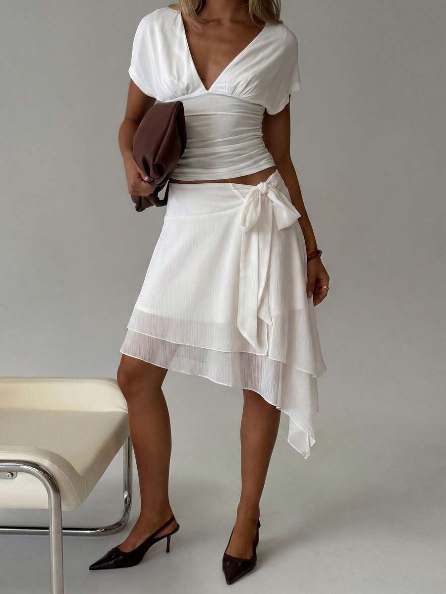 Avenya Falda asimétrica de doble capa de gasa con nudo, estilo minimalista, adecuada para graduación, fiesta de graduación, fiesta, Día de San Valentín, cita, discoteca, estilo bohemio, estilo retro, atuendo de playa de vacaciones - Blanco - Ver 1