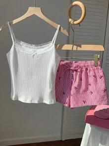 Conjunto informal de 2 piezas de mujer con camiseta de tirantes a rayas y shorts, para verano - Rojo - Ver 4