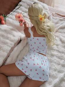 CottageSlumber Women's Cherry Blue Striped Lace Print Camisole Pajama Set - Multicolor - View 2