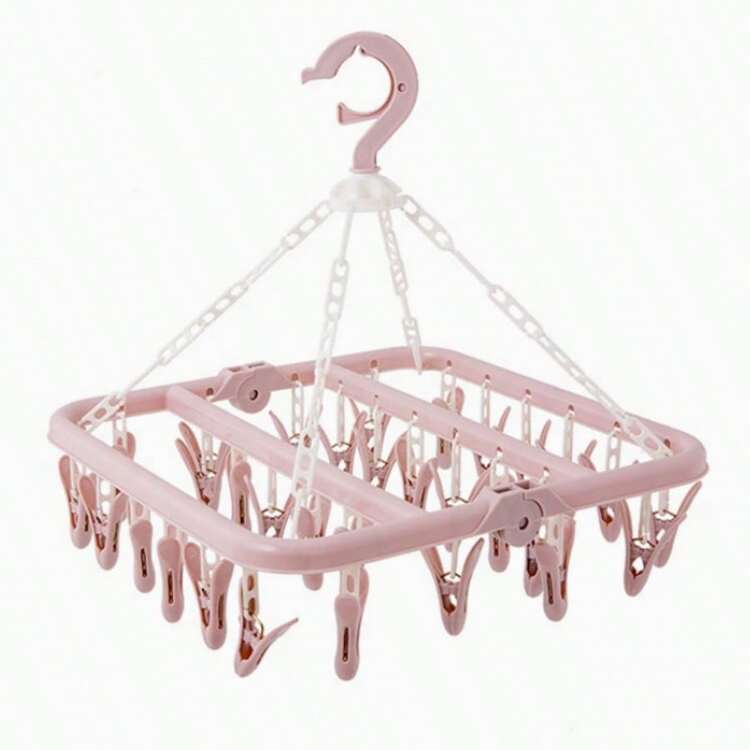 Clothes Drying Rack With 32 Clips, Foldable Hanging Rack, 360° Rotatable Hook For Drying Socks Baby Clothes Towels Gloves - Pink - View 8