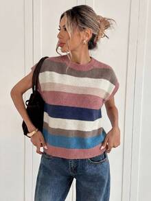 Women's Casual Contrast Color Striped Round Neck Batwing Sleeve Sweater - Multicolor - View 3