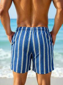 Azuldrift Shorts de playa a rayas para hombres, ropa casual de vacaciones - Azul Marino - Ver 8