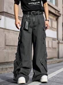 Manfinity EMRG Men's Denim Wide Leg Cargo Pants - Black - View 5