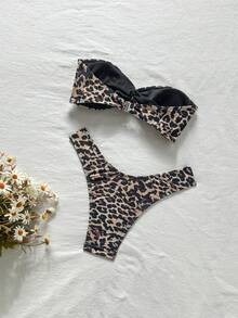 Swim Basics Women Leopard Print Resort Bandeau Two-Piece Bikini Set And Swim Bottoms Random Print Summer Beach, Bathing Suit - Multicolor - View 6