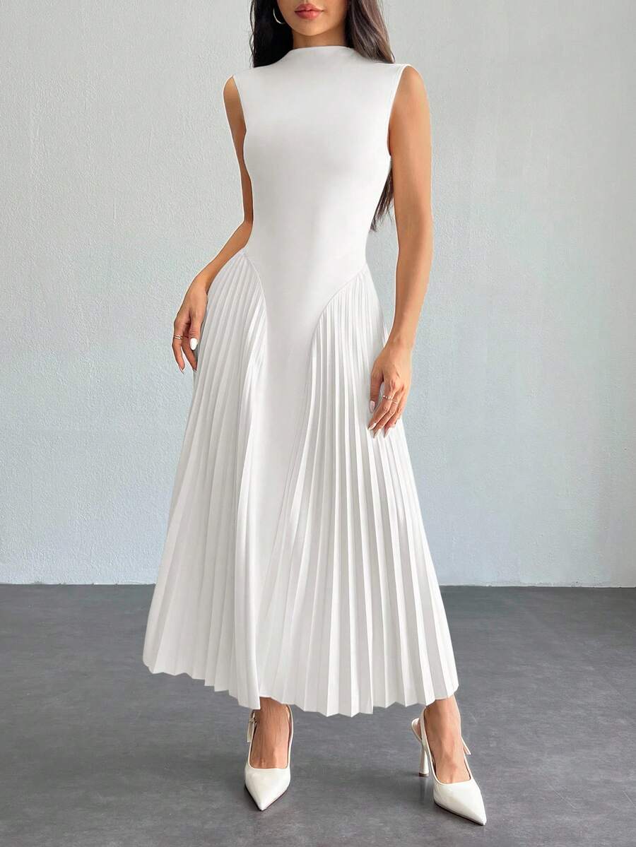 SHEIN PETITE 女士优雅褶皱紧身A字连衣裙 - 白色 - 查看 1