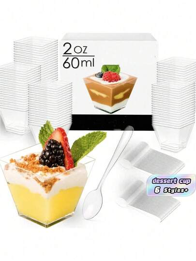 SHEIN Mini Dessert Cups, 25pcs/50pcs/100pcs 2oz/60ml Clear Plastic Parfait Appetizer Cups With Spoons Mini Square Dessert Bowls For Serving, Tasting