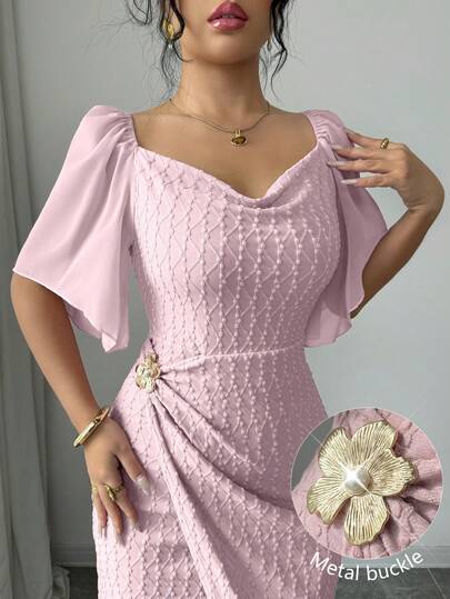 Modelyn Petite Đầm nữ thanh lịch dáng ôm, cổ bèo nhún, tay cánh hoa, khóa kim loại, phối màu, thích hợp cho mùa xuân/hè.