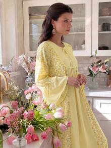 Lacomfia Vestido holgado con cuello redondo, lazo, mangas acampanadas y estampado de colores contrastantes, para primavera y verano - Amarillo - Ver 2