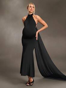 Cheriluna Maternity Đầm bầu, đầm ôm sát gợi cảm hở lưng cổ yếm dài thướt tha, đầm chụp ảnh bầu. - màu đen - Xem 5
