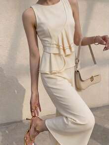 Modelyn 優雅無袖荷葉邊上衣與寬腿褲套裝 女款時尚兩件套 象牙色荷葉邊飾無袖襯衫與配套長褲 兩件式套裝 簡約米色無袖荷葉邊下擺上衣與直筒褲兩件套 女款 - 杏色 - 查看 3