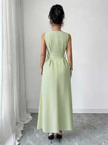 Nuevo cárdigan sin mangas con cuello en V tejido con decoración de anillo metálico para mujer, elegante vestido largo ajustado y versátil - verde menta - Ver 6