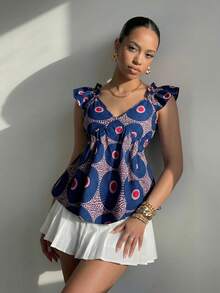 Selianne Elegantes blaues Boho-Damen-Top mit V-Ausschnitt und Peplum, Vintage-Bluse mit kreisförmigem Muster, flatternden Ärmeln und taillierter Taille, Sommerurlaub-Festival-Outfit - Verschiedenfarbig - Übersicht 5