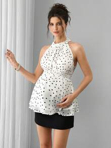 Momance Maternity Polka Dot Halter Blouse,Summer Elegant Black And White Pregnant Tops For Babyshower,Adjustable Tie-Back Design,Waist Ruching Zanzea Blouses - Black and White - View 2