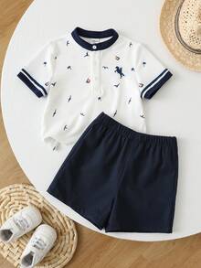 SHEIN 2pcs Baby/Baby Boy Casual Cute Vacation Style Short Sleeve Polo Shirt And Shorts Set, Baby Boy Outfit Sets, Baby Boy Summer Clothes - Navy Blue - View 4