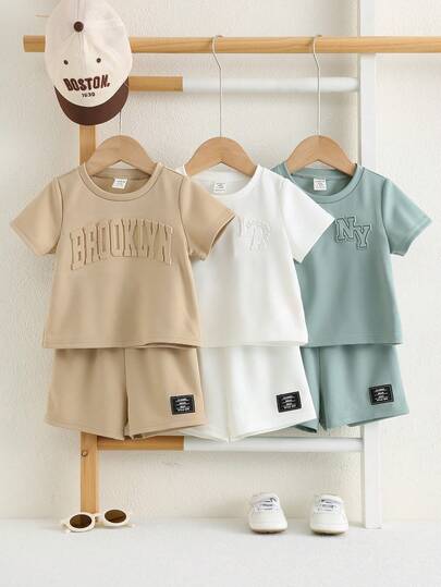 SHEIN 6pcs/Set Baby Boy Casual Cute Knitted Embossed Pattern Loose Short Sleeve T-Shirt And Shorts Set, Multi-Color, Basic Outfit