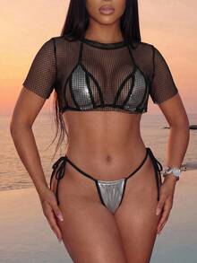 Slaydiva Bộ bikini 3 mảnh gợi cảm cho kỳ nghỉ biển năm 2026, gồm áo croptop khoét eo và áo bikini tay ngắn khoét eo, cùng bikini gợi cảm. - Nhiều màu - Xem 7